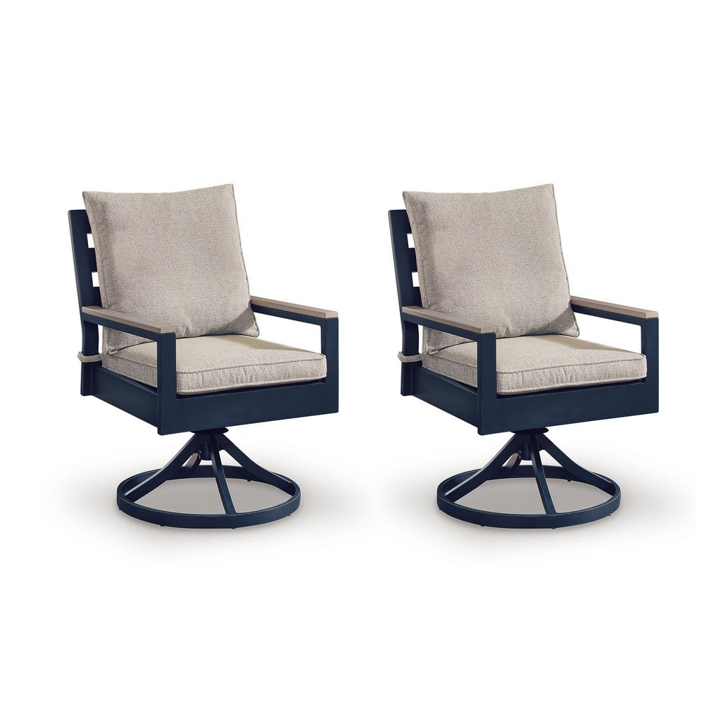 Beco Outdoor Swivel Chair Set of 2 | Beige Nuvella Cushions | Navy Blue Metal