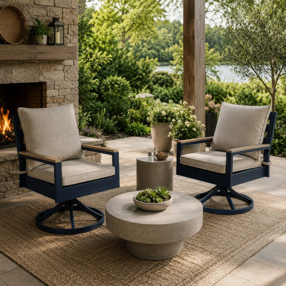 Beco Outdoor Swivel Chair Set of 2 | Beige Nuvella Cushions | Navy Blue Metal