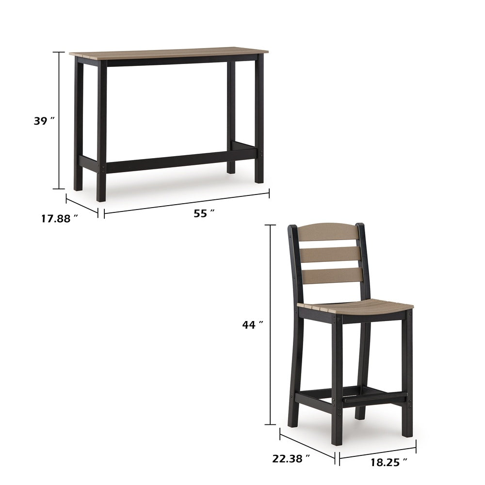 Lene 3pc Outdoor Set w Counter Table & 2 Barstool Chairs | Beige & Black