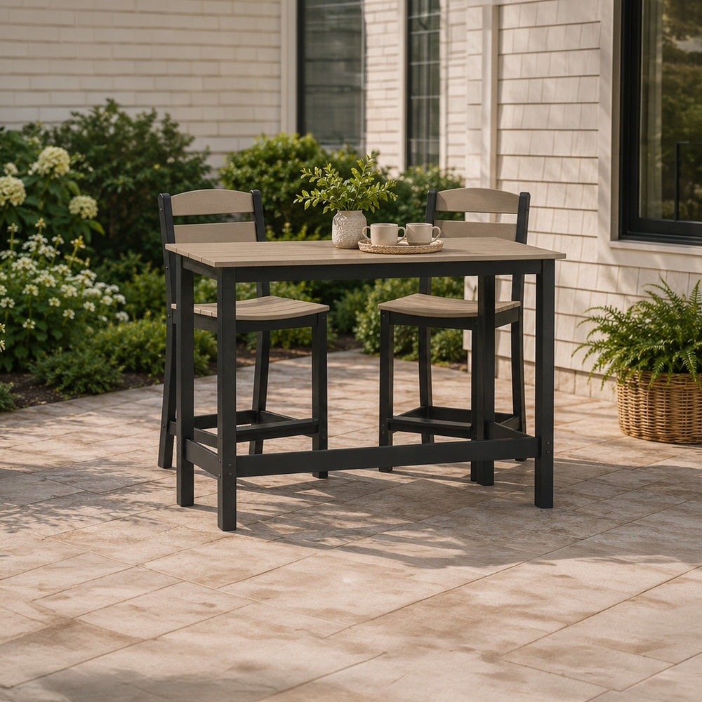Lene 3pc Outdoor Set w Counter Table & 2 Barstool Chairs | Beige & Black