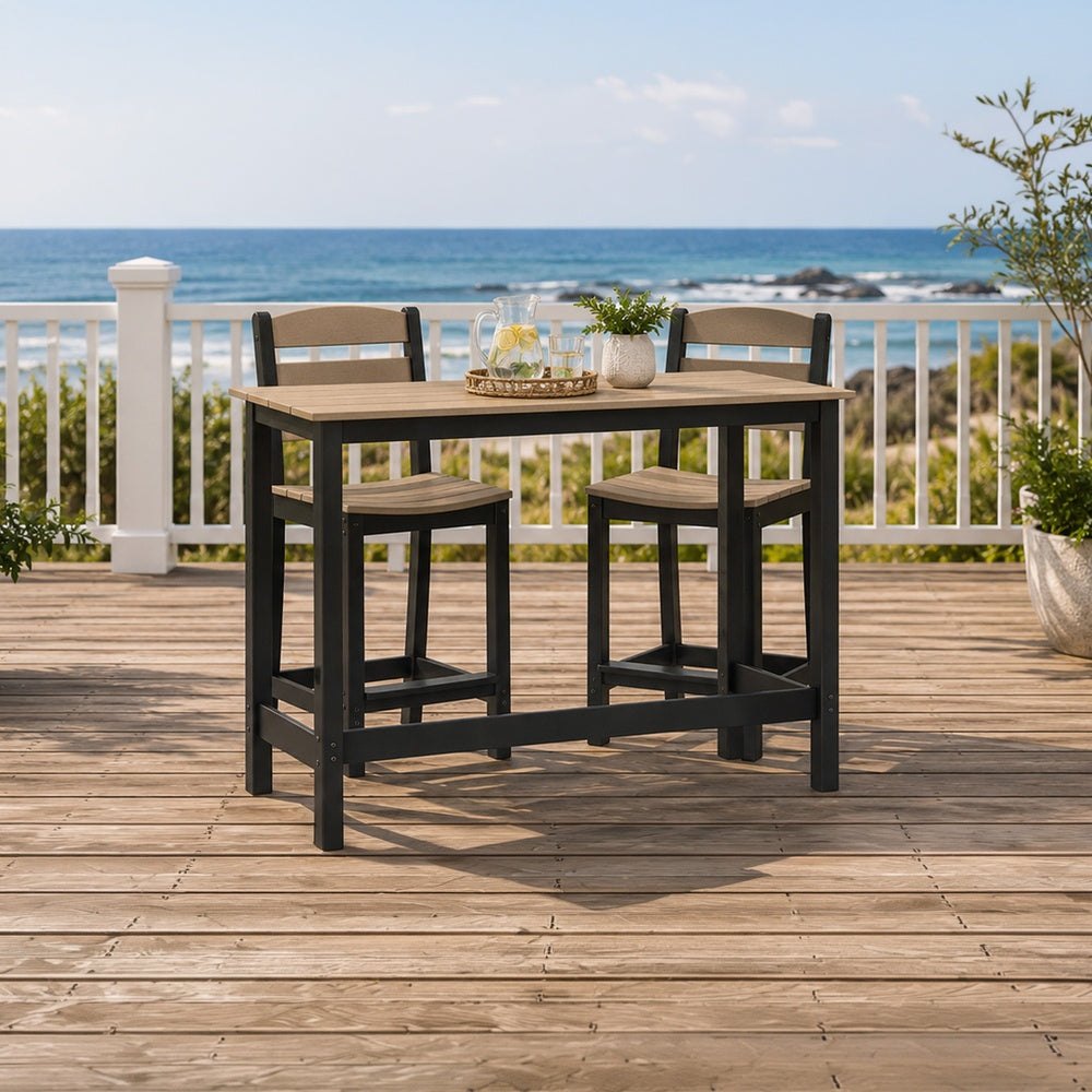 Lene 3pc Outdoor Set w Counter Table & 2 Barstool Chairs | Beige & Black