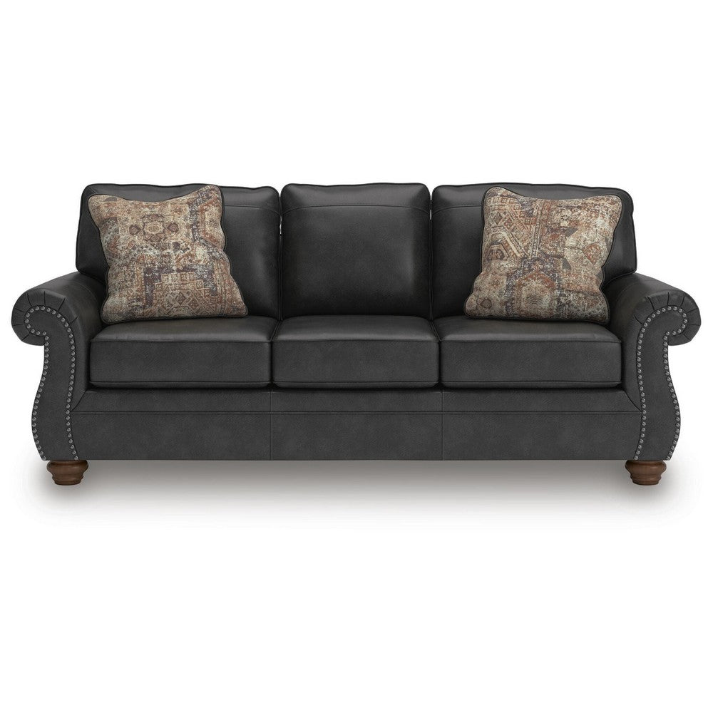 Cyrus Sofa w 2 Pillows | Roll Arms | Nailed Gray Faux Leather 92"