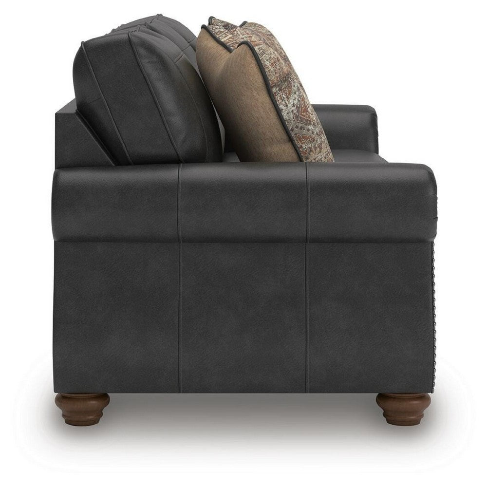 Cyrus Sofa w 2 Pillows | Roll Arms | Nailed Gray Faux Leather 92"