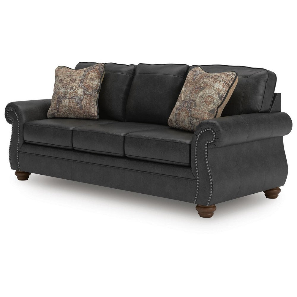 Cyrus Sofa w 2 Pillows | Roll Arms | Nailed Gray Faux Leather 92"