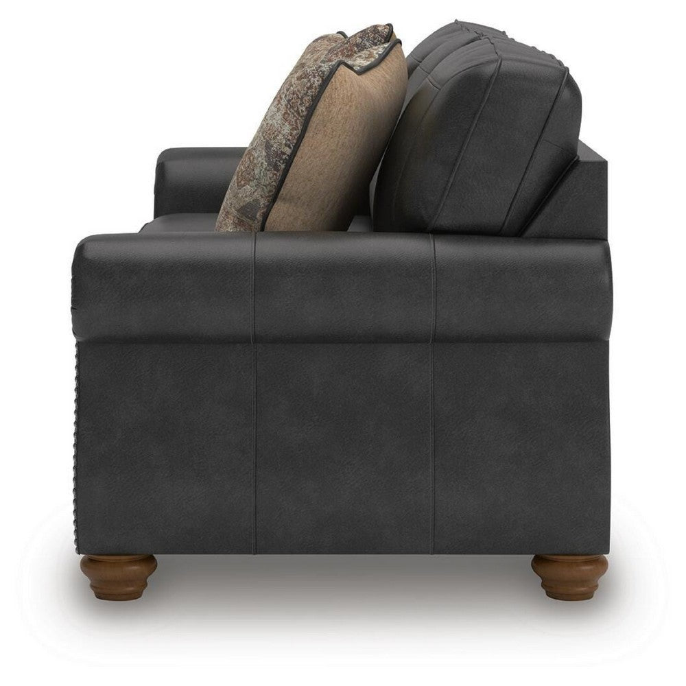 Cyrus Sofa w 2 Pillows | Roll Arms | Nailed Gray Faux Leather 92"