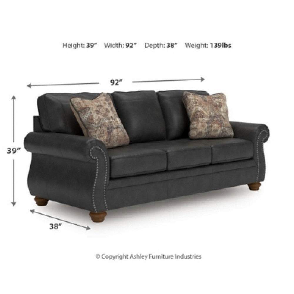 Cyrus Sofa w 2 Pillows | Roll Arms | Nailed Gray Faux Leather 92"