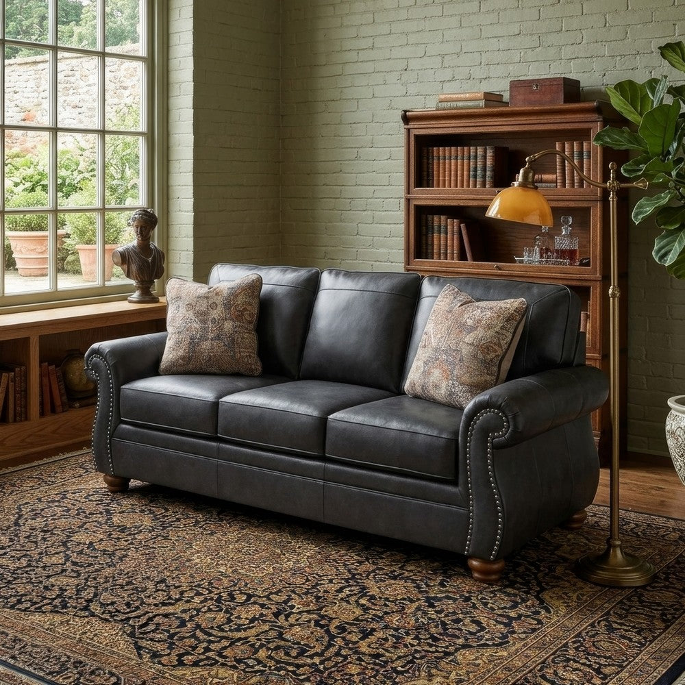 Cyrus Sofa w 2 Pillows | Roll Arms | Nailed Gray Faux Leather 92"
