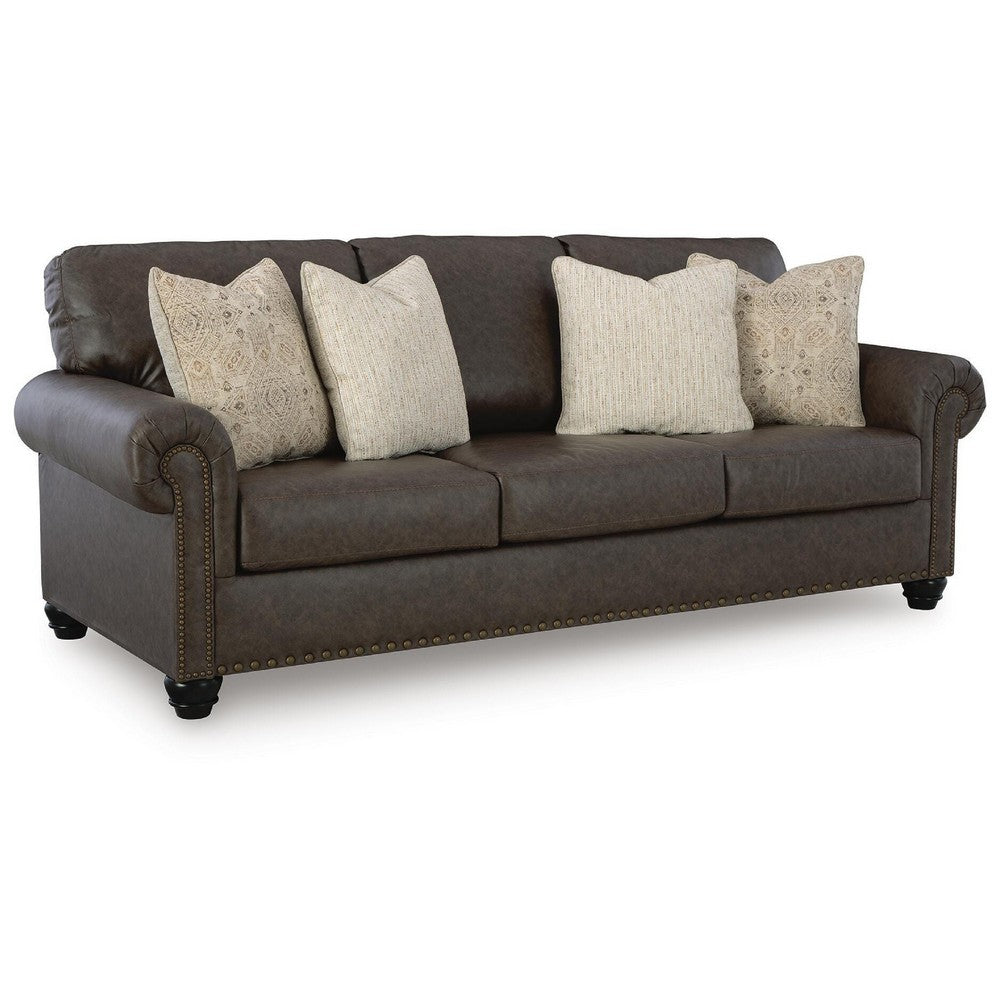 Fecy Sofa | 4 Pillows | Nailed Roll Arms | Umber Brown Faux Leather 98"