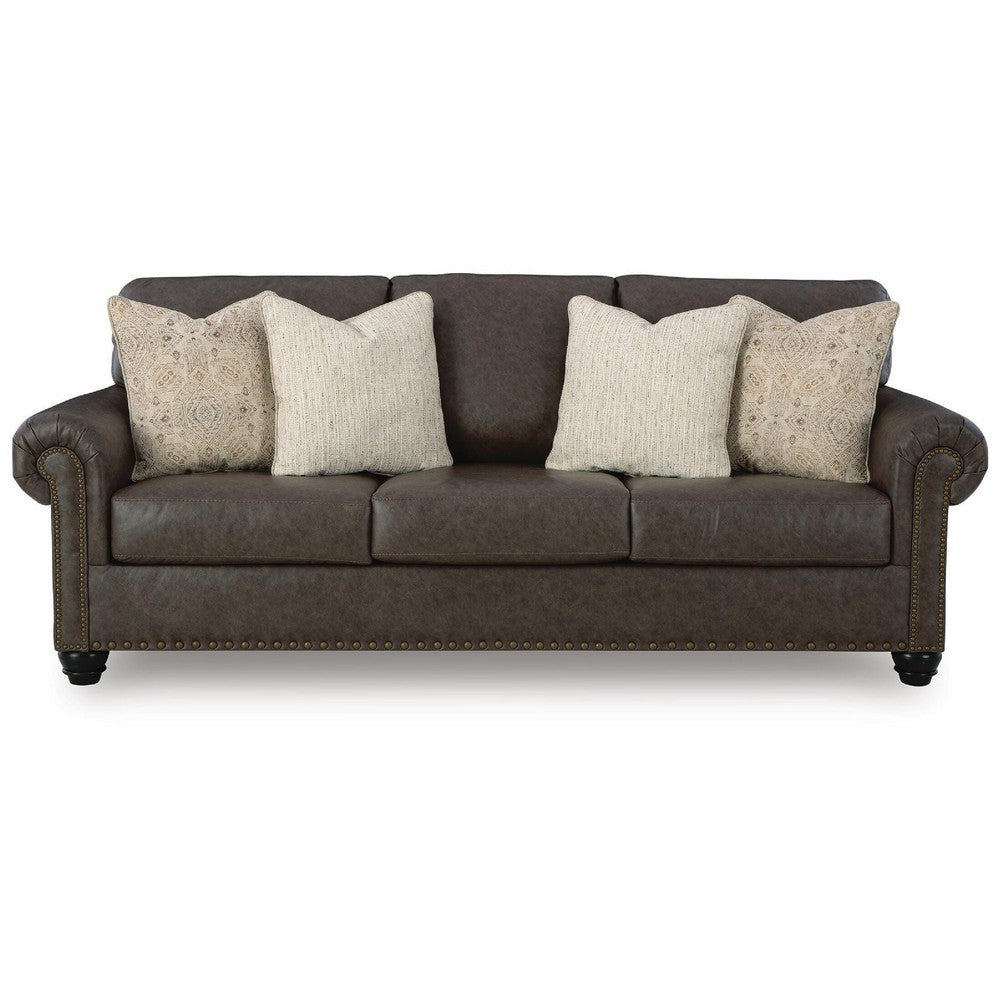 Fecy Sofa | 4 Pillows | Nailed Roll Arms | Umber Brown Faux Leather 98"
