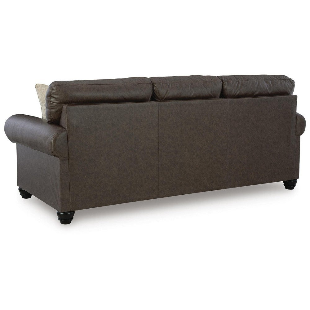 Fecy Sofa | 4 Pillows | Nailed Roll Arms | Umber Brown Faux Leather 98"