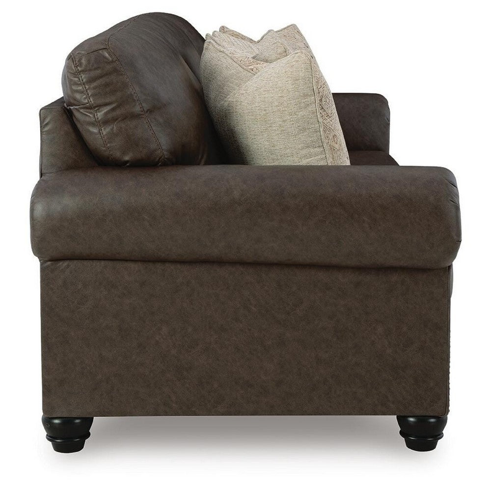 Fecy Sofa | 4 Pillows | Nailed Roll Arms | Umber Brown Faux Leather 98"
