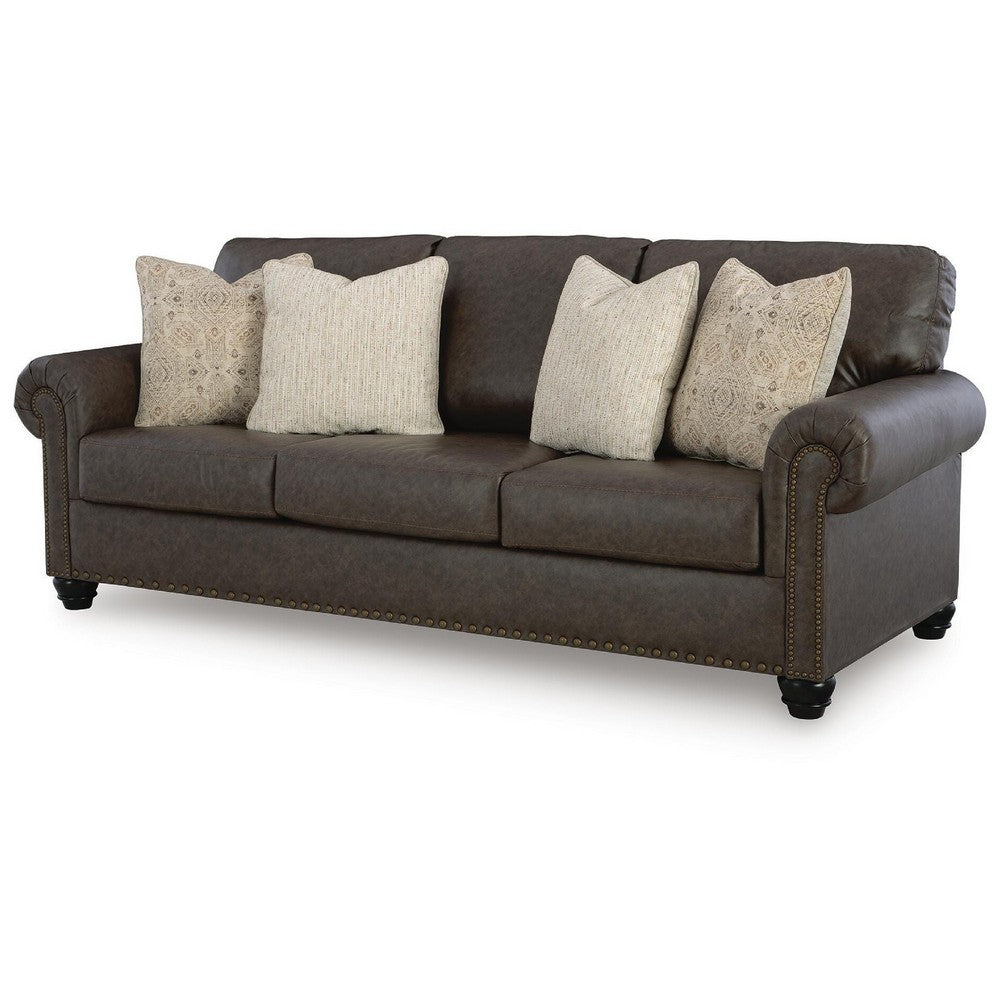 Fecy Sofa | 4 Pillows | Nailed Roll Arms | Umber Brown Faux Leather 98"