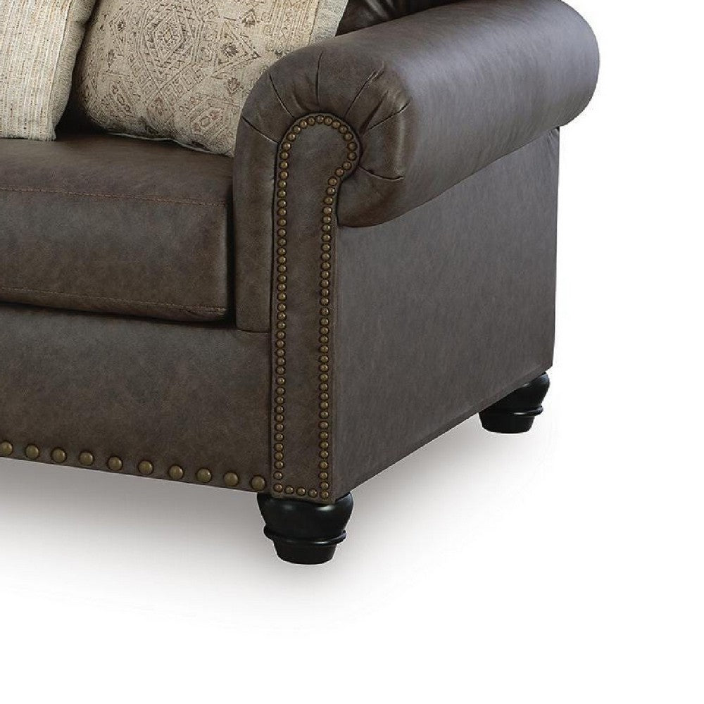 Fecy Sofa | 4 Pillows | Nailed Roll Arms | Umber Brown Faux Leather 98"