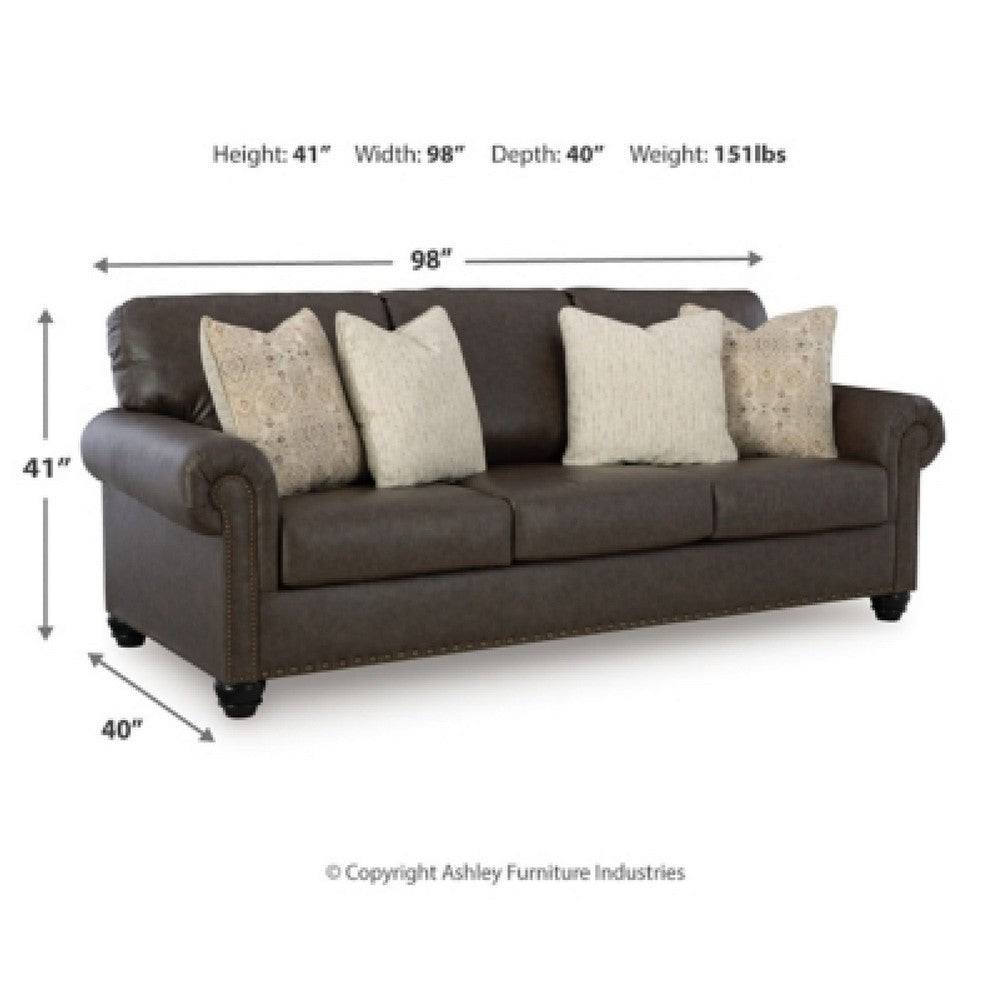 Fecy Sofa | 4 Pillows | Nailed Roll Arms | Umber Brown Faux Leather 98"