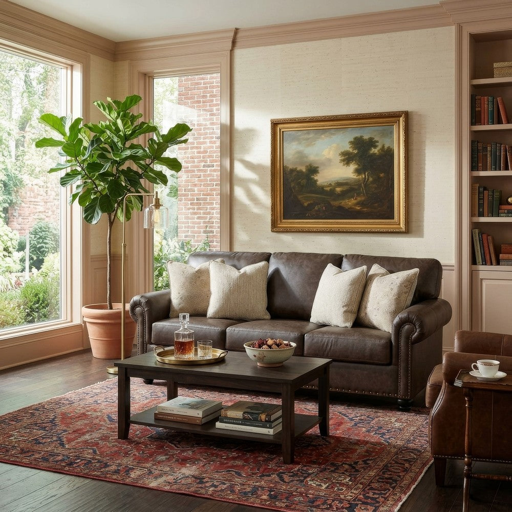 Fecy Sofa | 4 Pillows | Nailed Roll Arms | Umber Brown Faux Leather 98"
