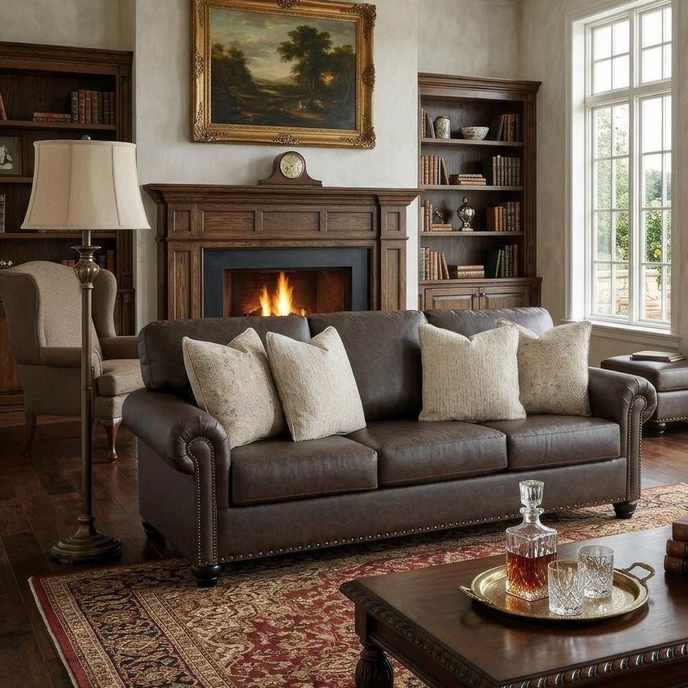 Fecy Sofa | 4 Pillows | Nailed Roll Arms | Umber Brown Faux Leather 98"