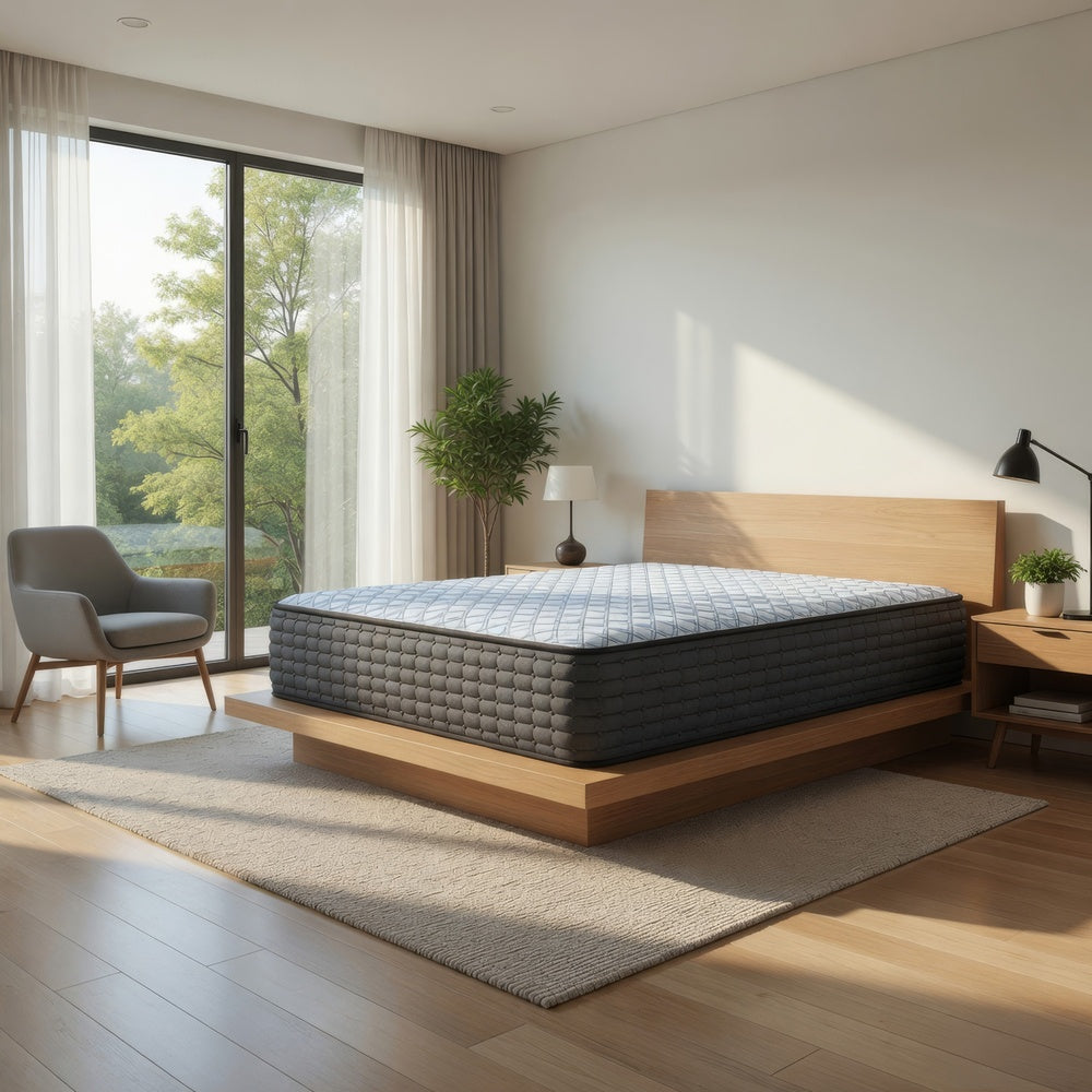 Dyni Firm Queen Mattress | 3-Layer Foam | Blue Stretch Knit Fabric 14"