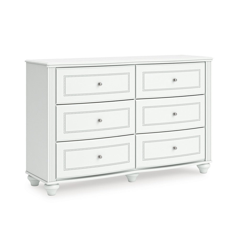 Koze Wide Dresser Chest | 6 Crystal Drawer and Bun Feet | White Wood