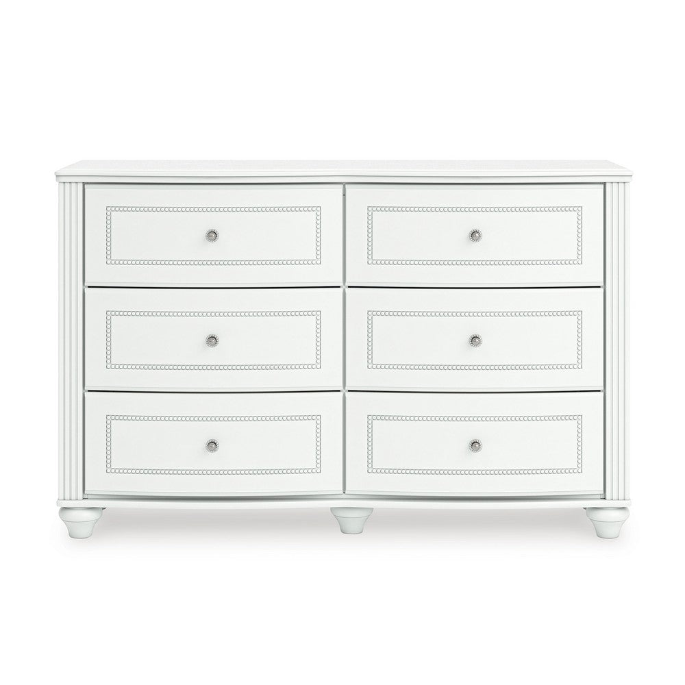 Koze Wide Dresser Chest | 6 Crystal Drawer and Bun Feet | White Wood