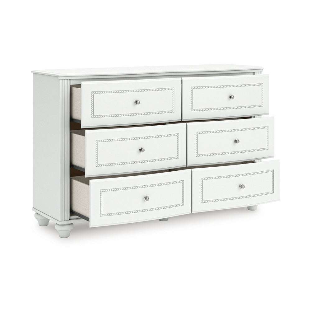 Koze Wide Dresser Chest | 6 Crystal Drawer and Bun Feet | White Wood