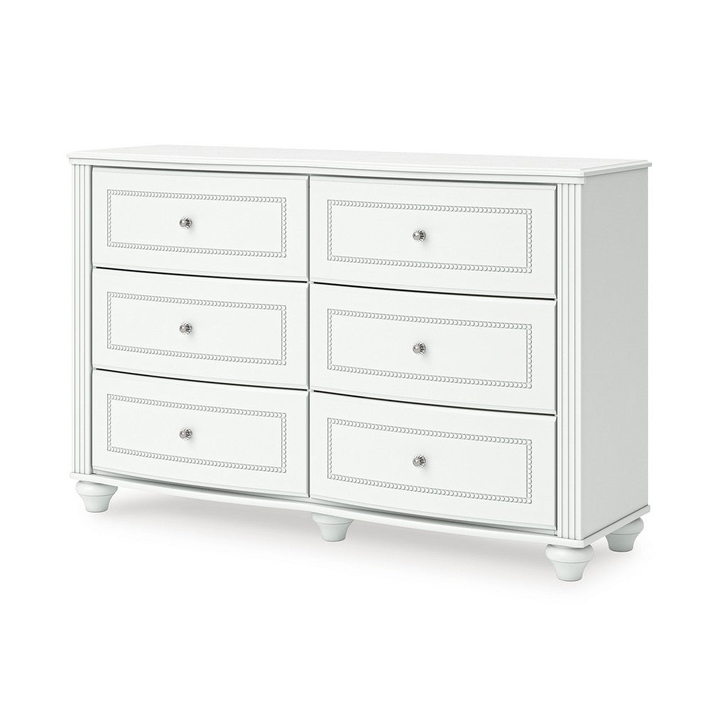 Koze Wide Dresser Chest | 6 Crystal Drawer and Bun Feet | White Wood