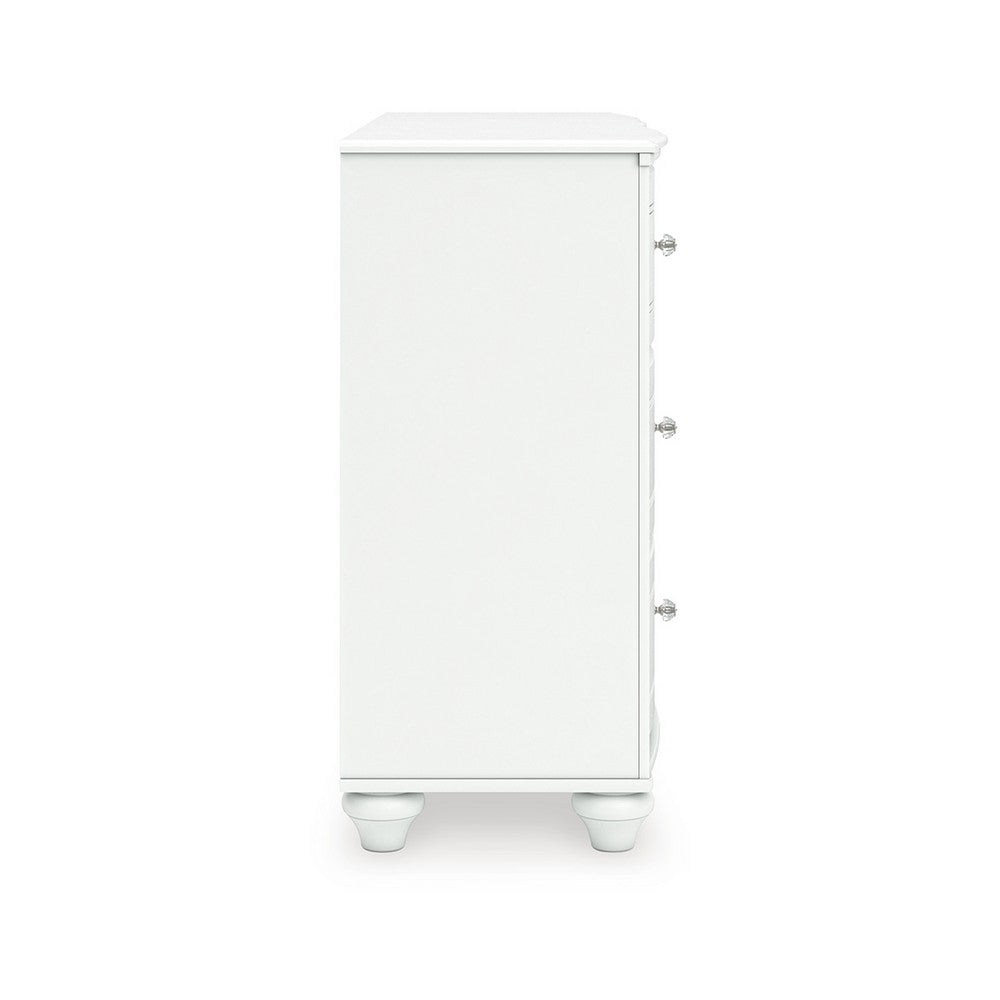 Koze Wide Dresser Chest | 6 Crystal Drawer and Bun Feet | White Wood