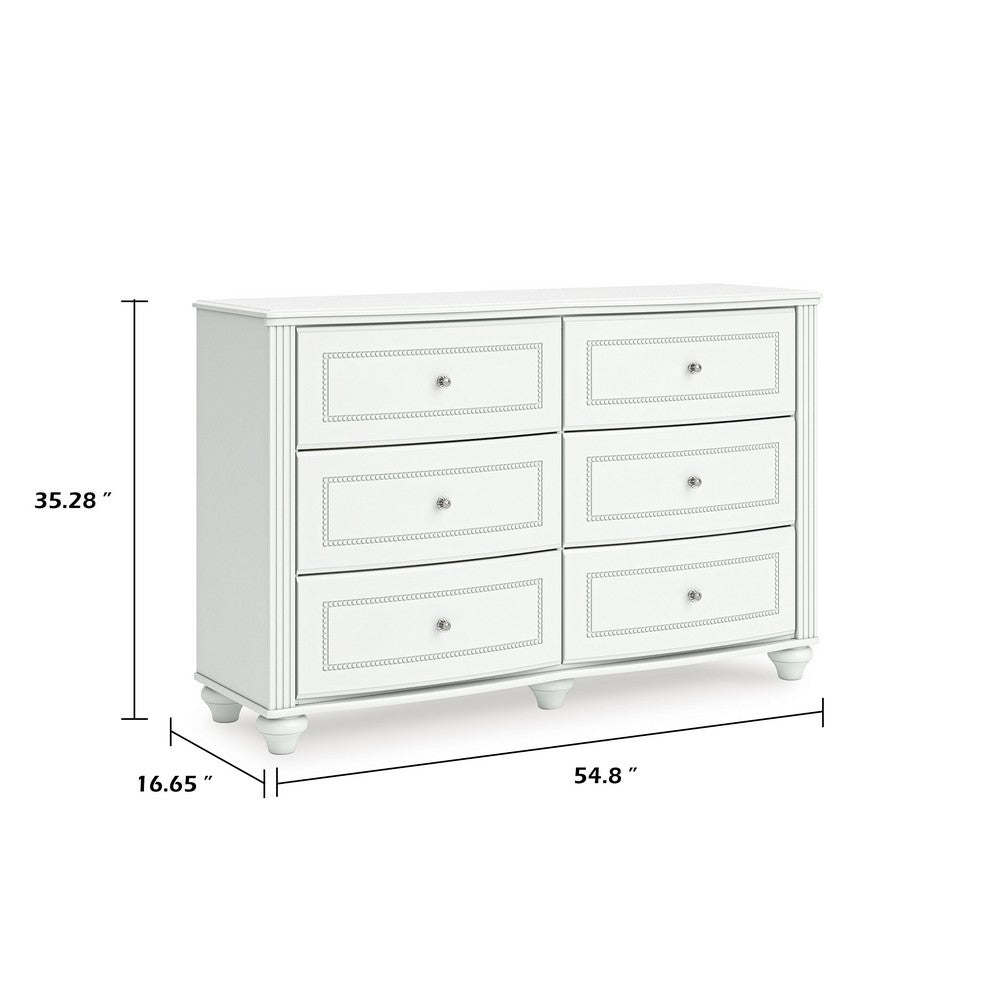 Koze Wide Dresser Chest | 6 Crystal Drawer and Bun Feet | White Wood
