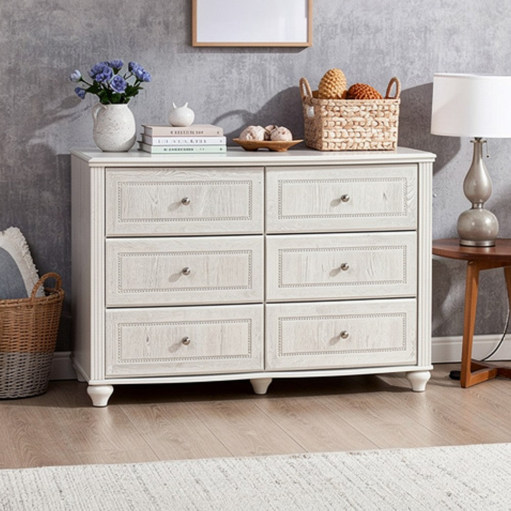 Koze Wide Dresser Chest | 6 Crystal Drawer and Bun Feet | White Wood