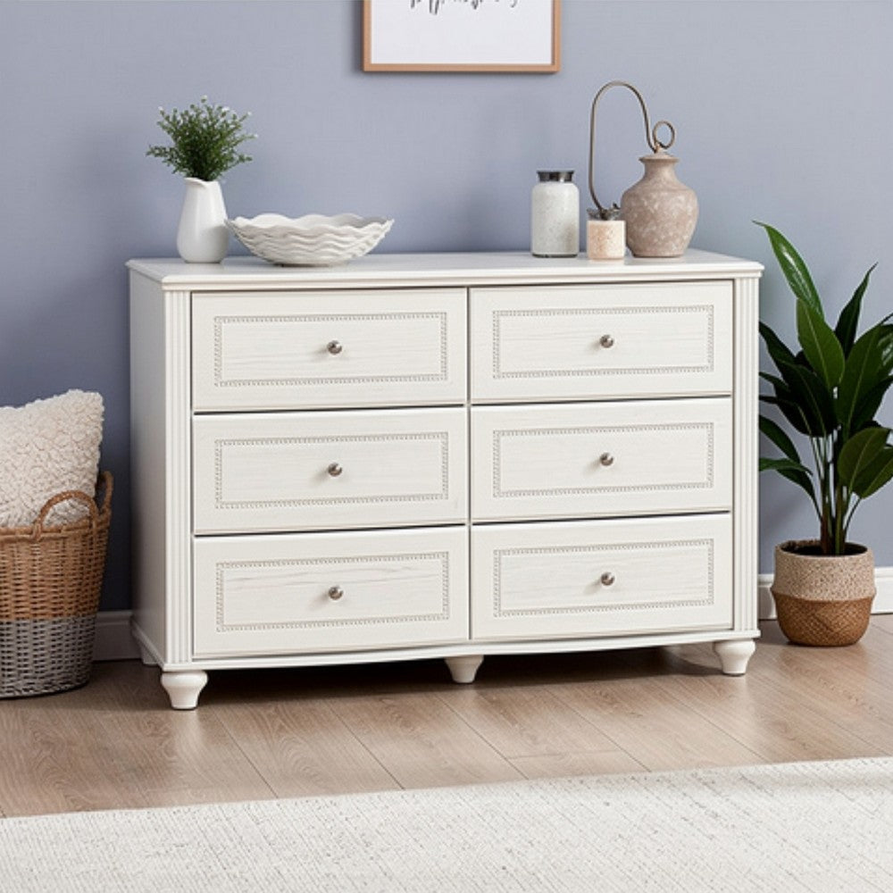 Koze Wide Dresser Chest | 6 Crystal Drawer and Bun Feet | White Wood
