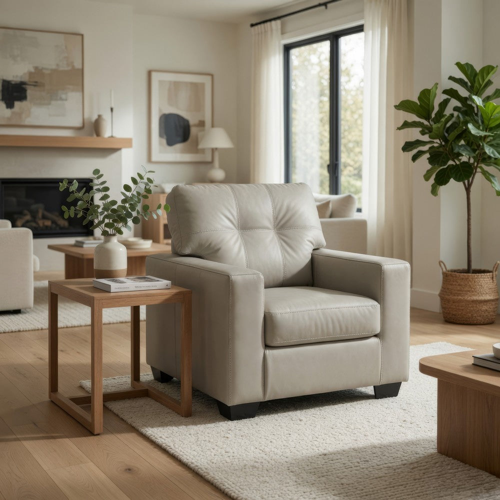 Orion Accent Chair with Wooden Legs | White Bone Tufted Leather-Faux Leather