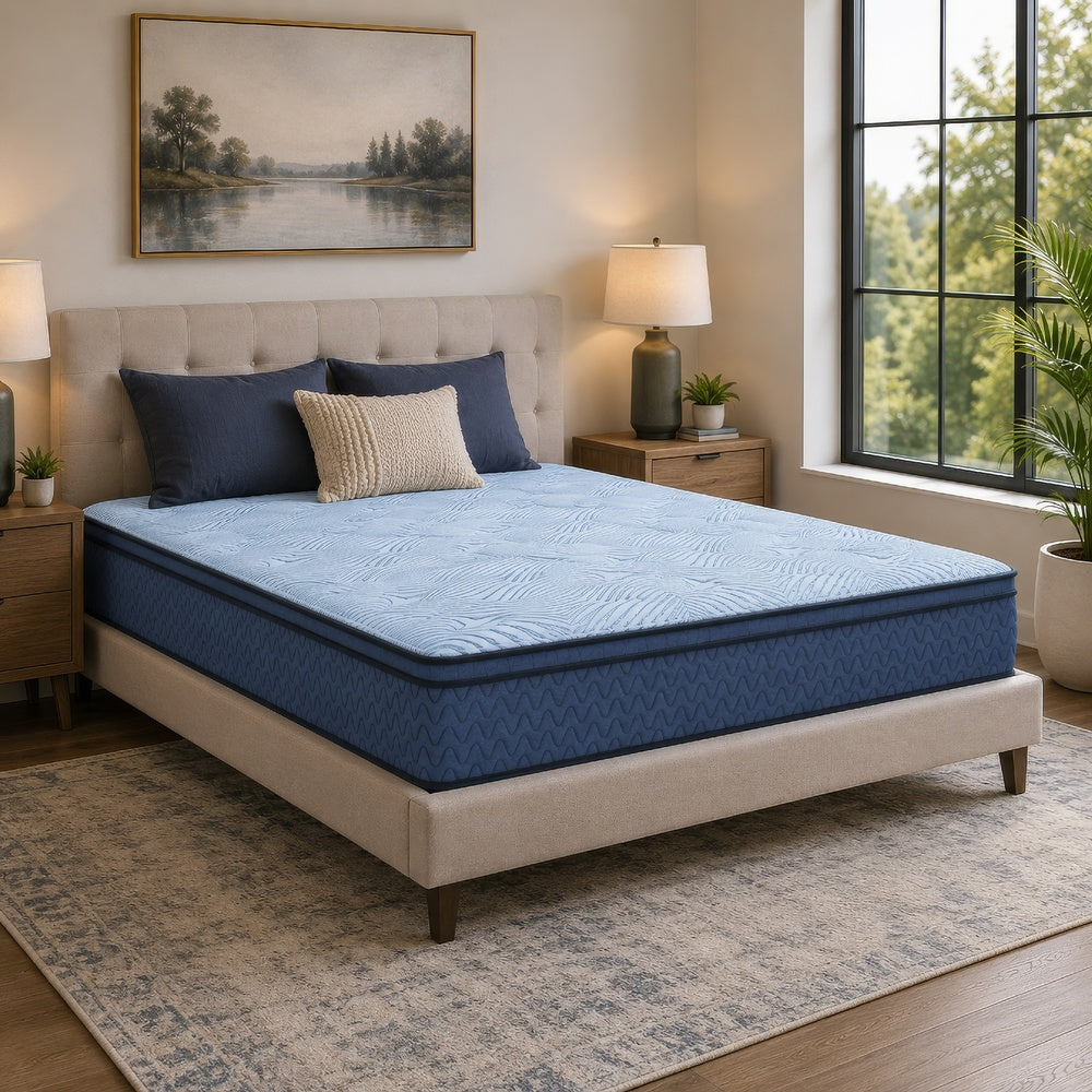 Pmy Hybrid King Mattress | Cooling Cover & Coil Support | Blue Fabric 12"