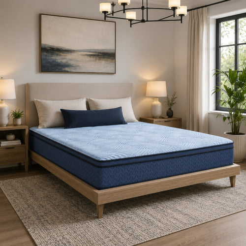 Pmy Hybrid King Mattress | Cooling Cover & Coil Support | Blue Fabric 12"