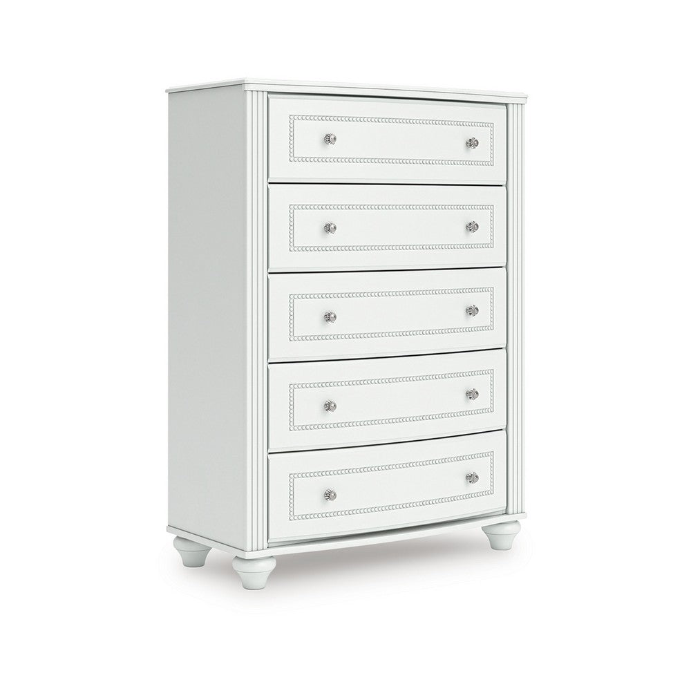 Koze Tall Dresser Chest | 5 Crystal Drawer and Bun Feet | White Wood