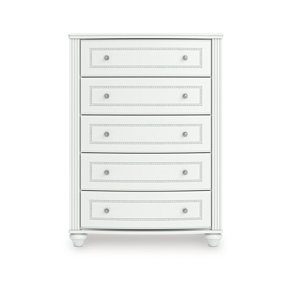 Koze Tall Dresser Chest | 5 Crystal Drawer and Bun Feet | White Wood