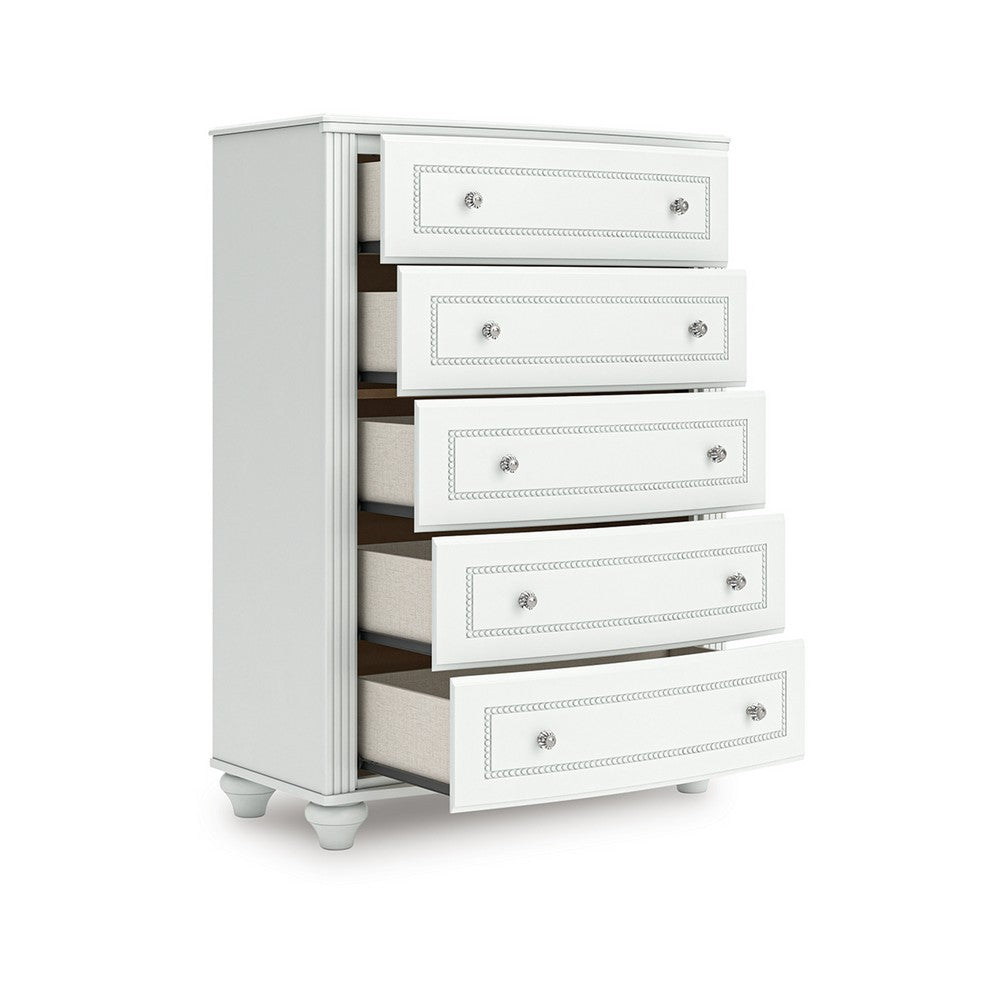 Koze Tall Dresser Chest | 5 Crystal Drawer and Bun Feet | White Wood
