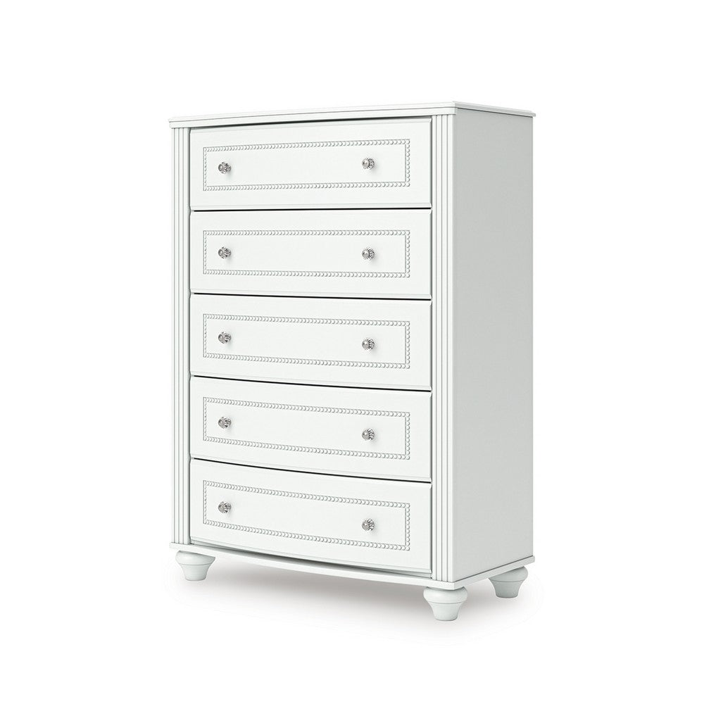Koze Tall Dresser Chest | 5 Crystal Drawer and Bun Feet | White Wood