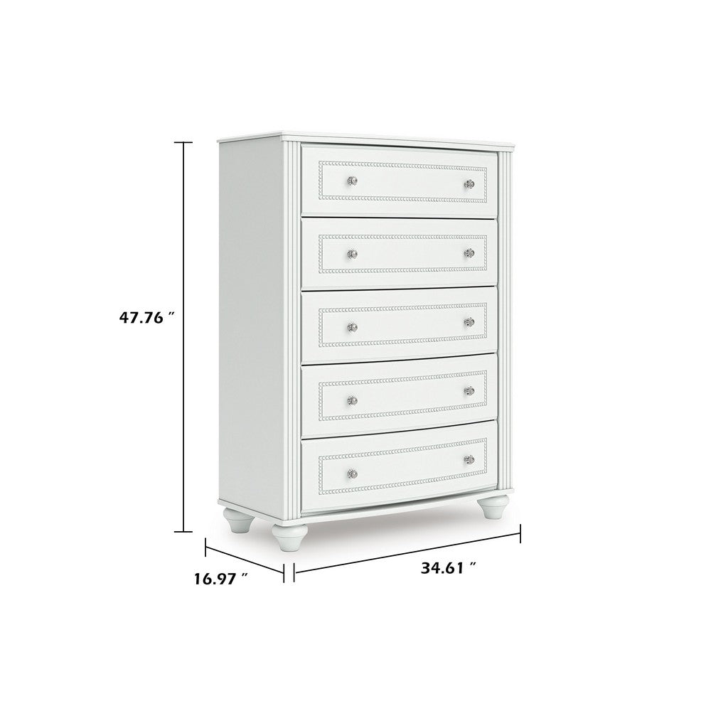 Koze Tall Dresser Chest | 5 Crystal Drawer and Bun Feet | White Wood