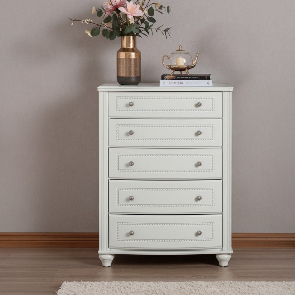 Koze Tall Dresser Chest | 5 Crystal Drawer and Bun Feet | White Wood