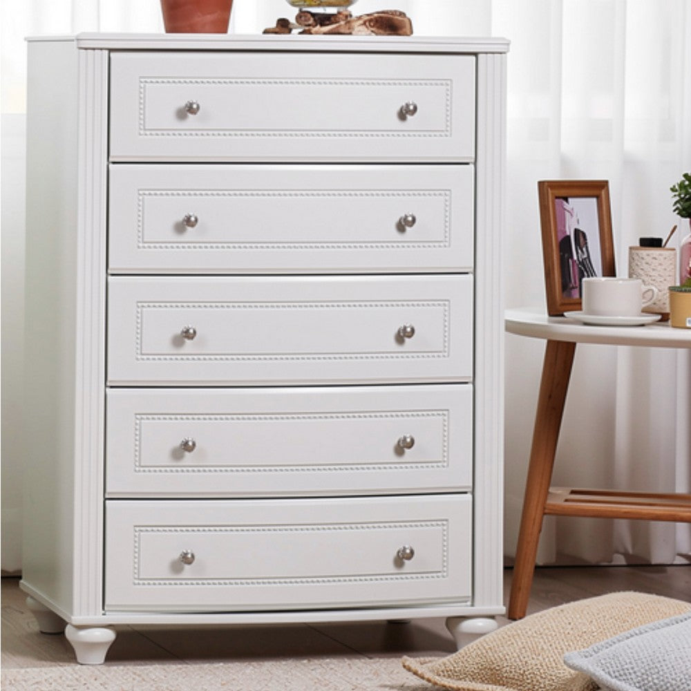 Koze Tall Dresser Chest | 5 Crystal Drawer and Bun Feet | White Wood