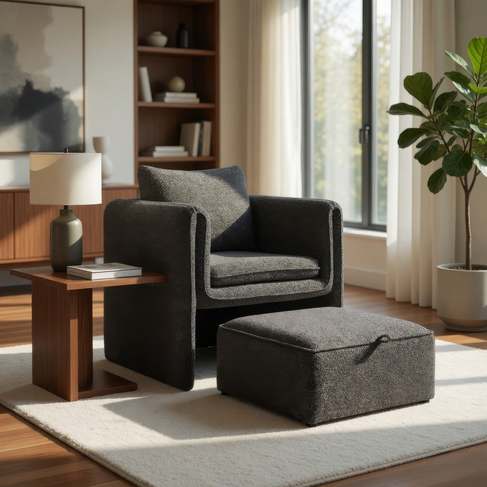 Vanie Accent Chair Pull-Out Ottoman | Charcoal-Black Polyester