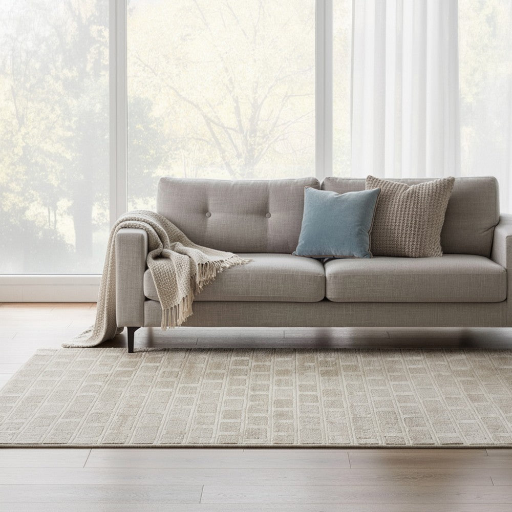 Lisa Hand Tufted Large Area Rug | Brick Pattern | Tan Wool-Polyester 8x10