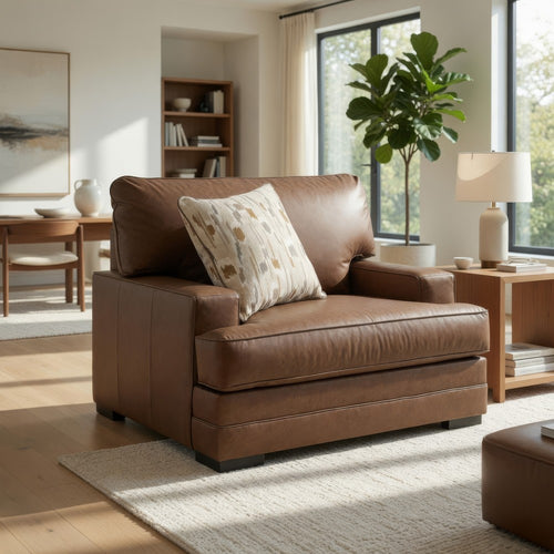 Vile Oversized Chair with Accent Pillow | Caramel Faux Leather