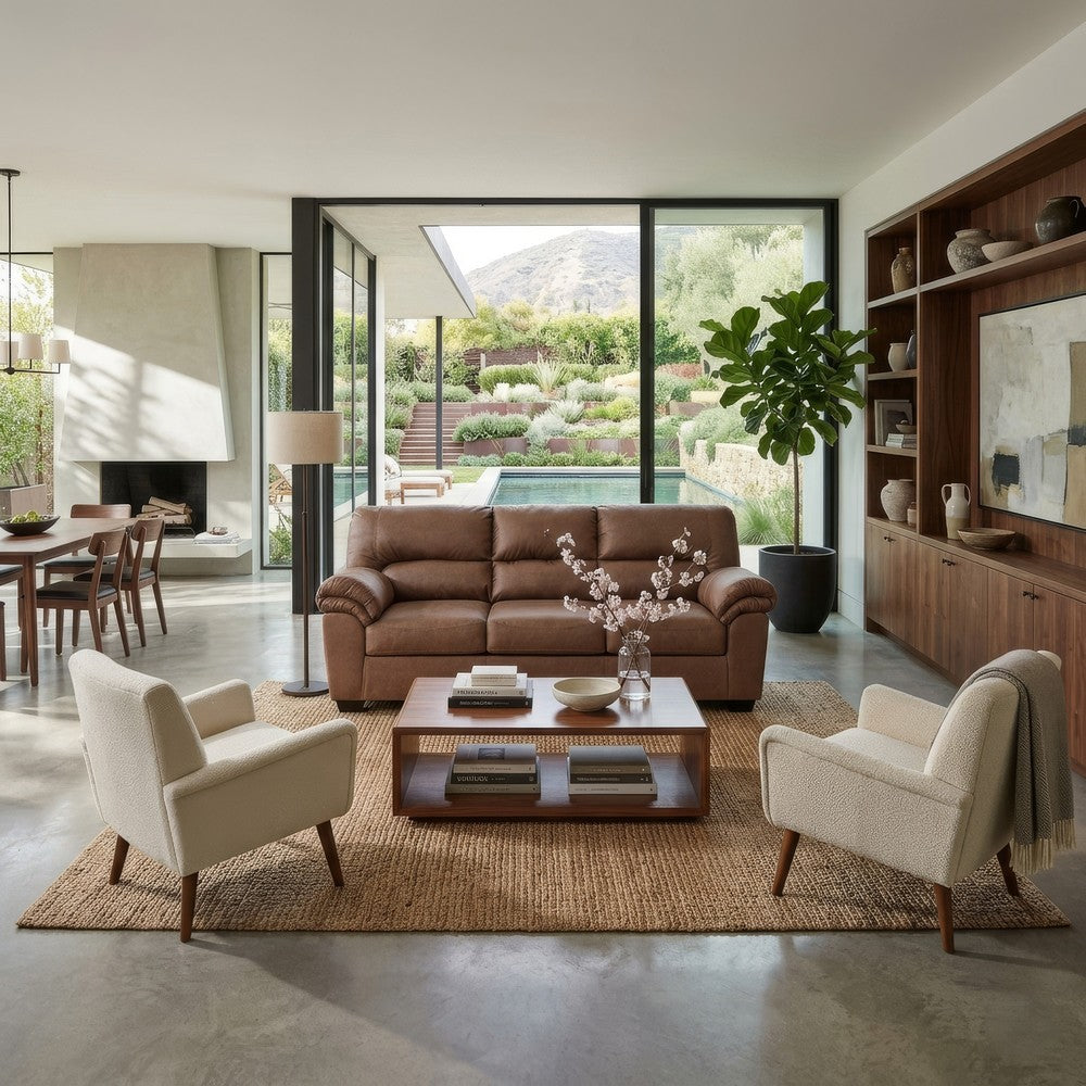 Lalie Sofa | Corner Blocked Frame | Jumbo-Stitch | Caramel Faux Leather 87"