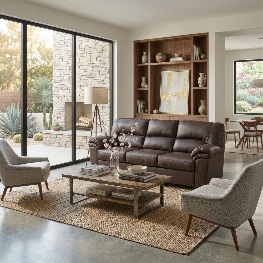 Lalie Sofa | Corner Blocked Frame | Jumbo-Stitch | Umber Faux Leather 87"