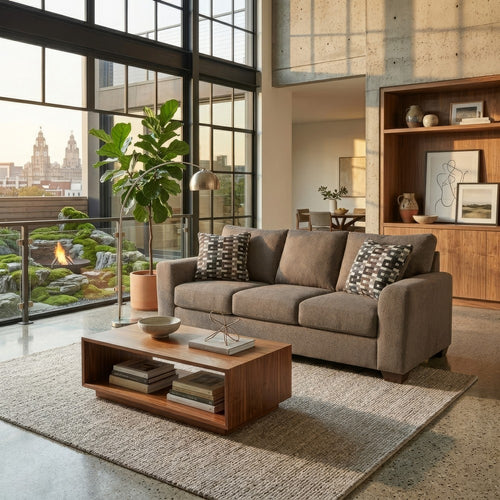 Teu Transitional Sofa with Striped Accent Pillows | Brown-Gray Chenille 90"