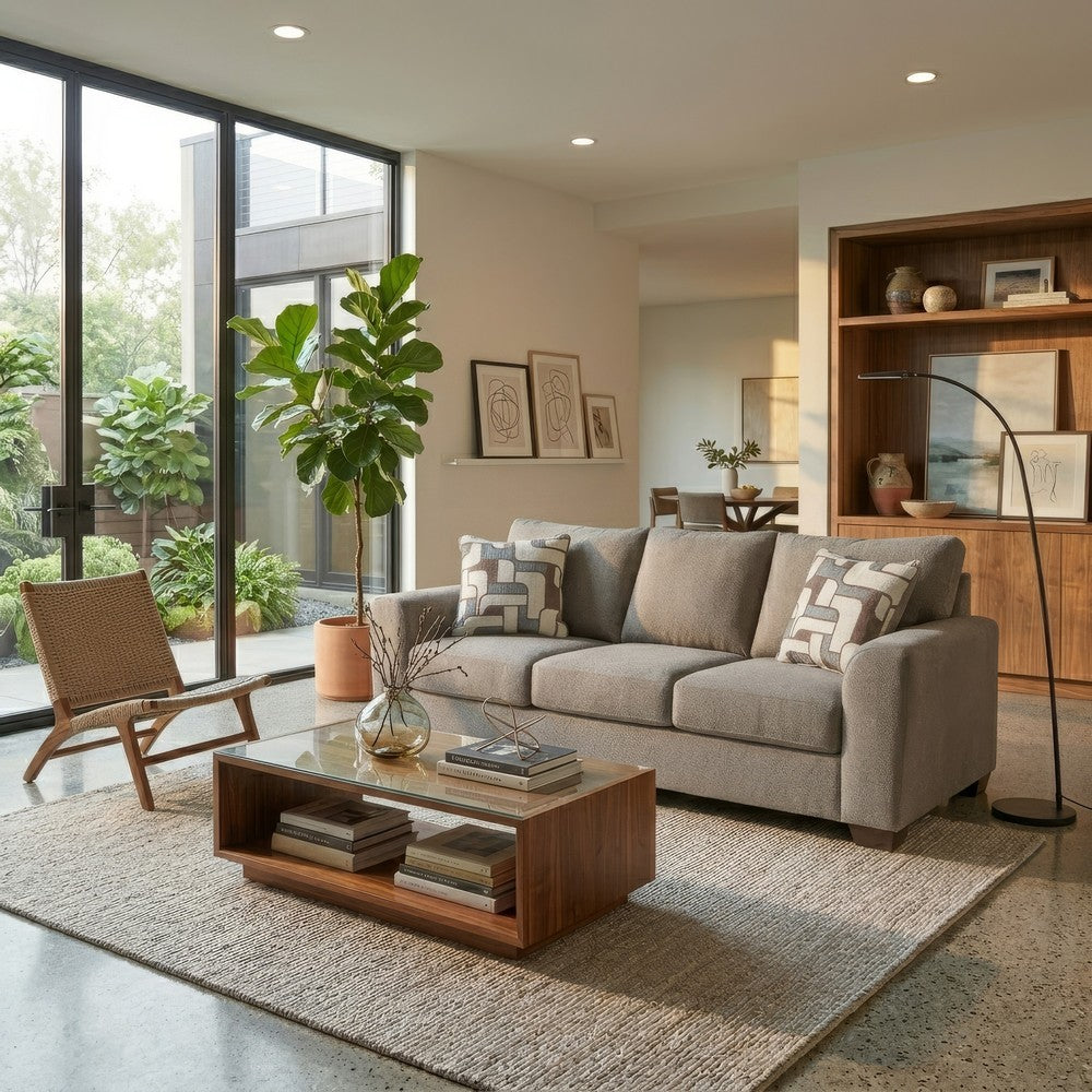 Wecy Modern Sofa with 2 Accent Pillows | Black Legs | Taupe Fabric 92"