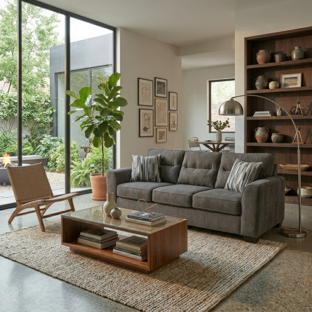 Oly Sofa with Geometric Patterned Accent Pillows | Graphite Chenille 90"