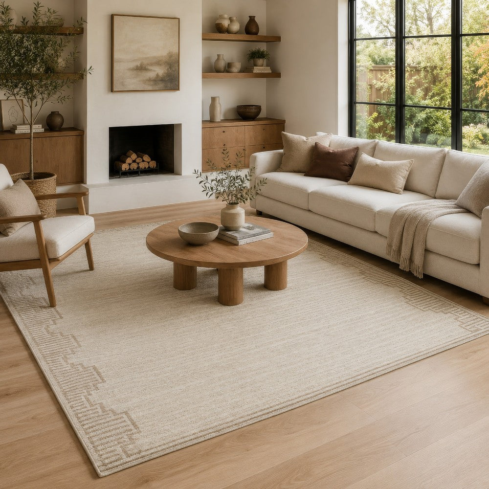Emery Table-Tufted Large Rug with Stepped Border | Brown-Beige Wool 8x10