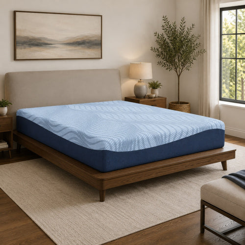 Pmy Queen Mattress with Memory Foam | Firm Support | Light Blue Fabric 12"