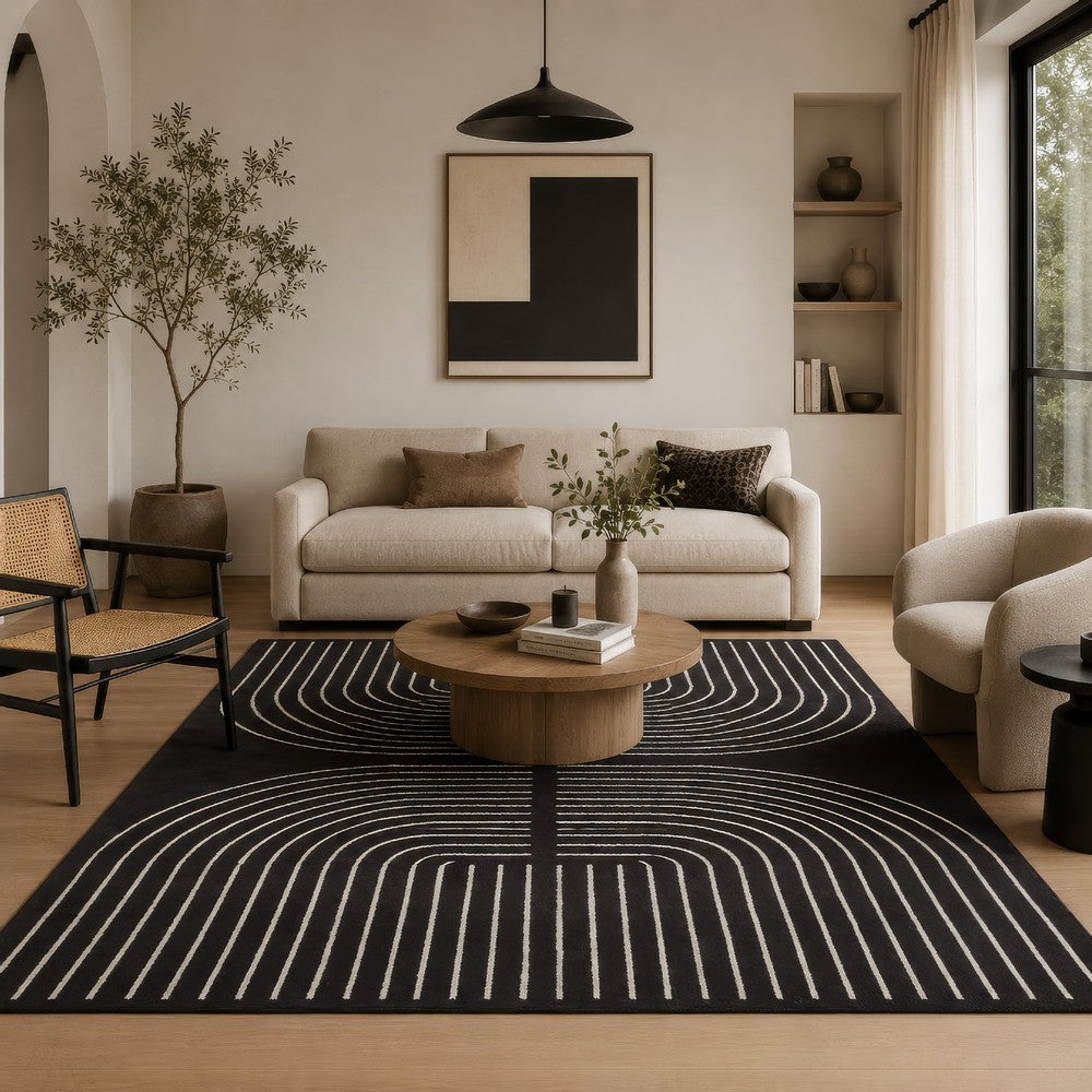 Edon Large Area Rug with Ivory Geometric Statement Design | Black Wool 8x10